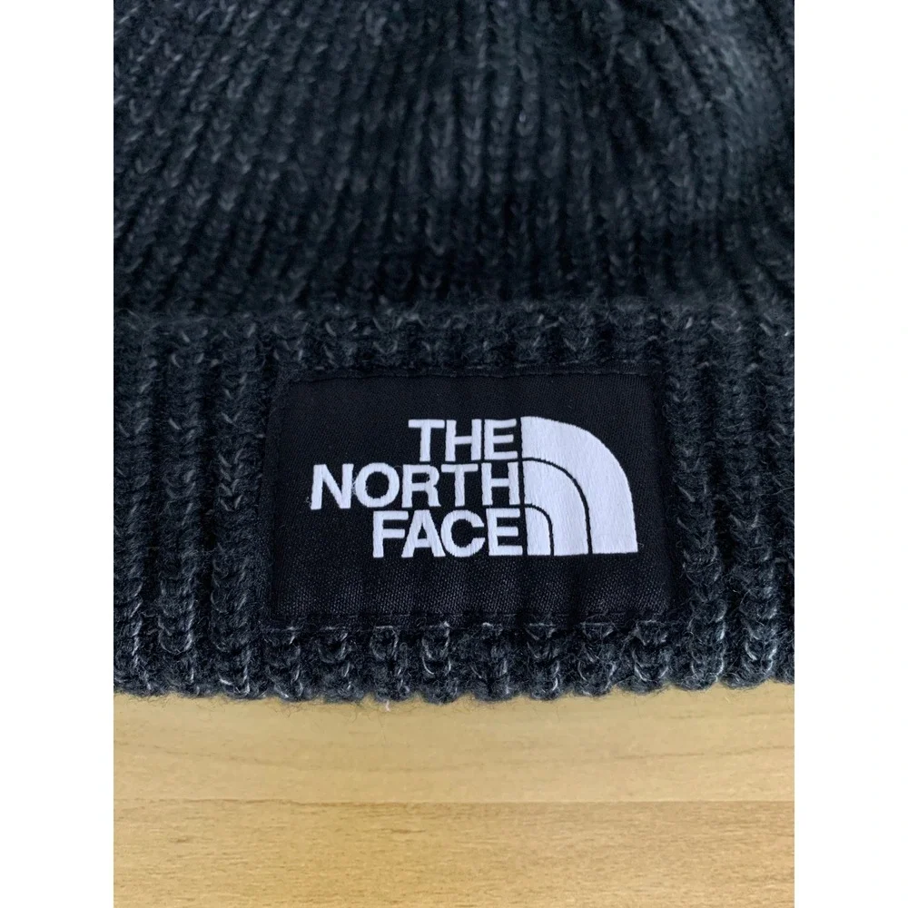 The North Face Beanie Men OS Charcoal Gray Ribbed Knit Cuffed Logo Winter Hat